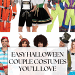 A collage of couples wearing colorful Halloween costumes, including an astronaut duo, Bavarian pair, hippies, sailors, disco outfits, and Mad Hatter. Text overlay reads "Easy Halloween Couple Costumes You'll Love.
