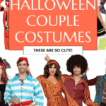 A collage featuring couples in various colorful Halloween costumes with a large text overlay that reads, “Budget Halloween Couple Costumes—These are so cute!” Thebargainsisters.com at the bottom.