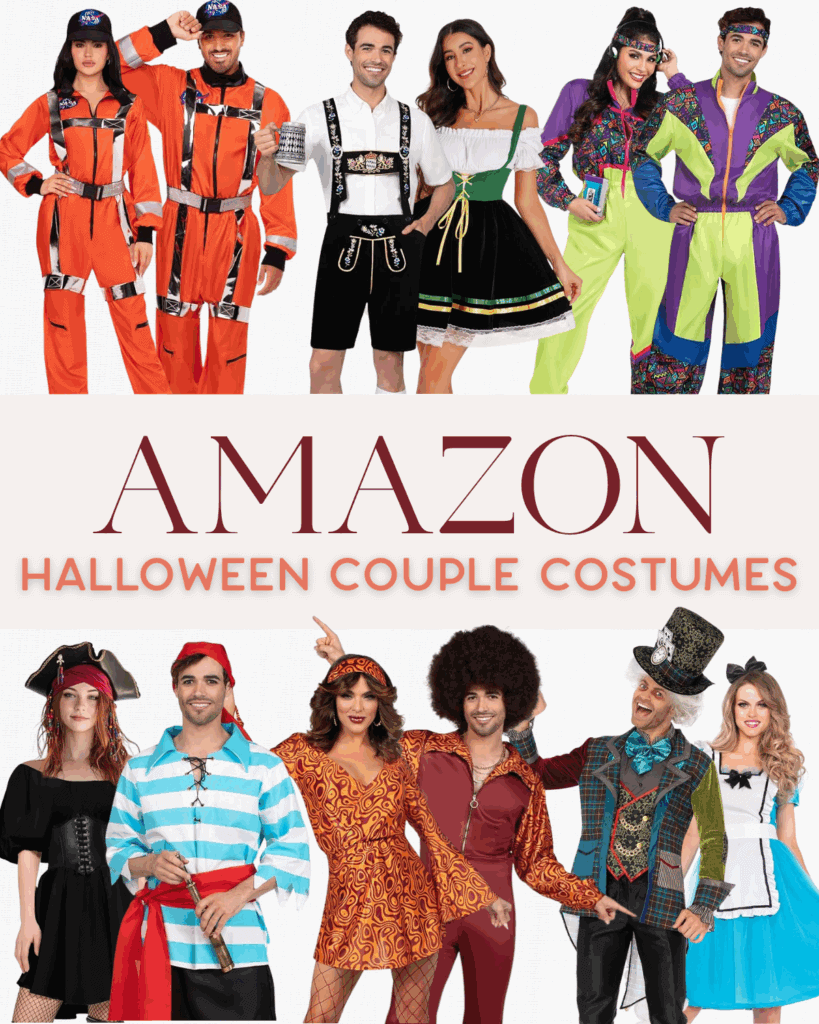 A collage of couples in Halloween costumes—astronauts, lederhosen and dirndl, 70s disco outfits, pirates, hippies, and Victorian attire—showcases fun couple costumes and last-minute Halloween costume ideas. Text reads “Amazon Halloween Couple Costumes.”.