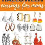A display of various Halloween-themed earrings for moms, including ghosts, skeletons, candy corn, pumpkins, orange tassels, skulls, black and orange hoops, and checkered square-shaped designs. Text reads: "Cute Halloween earrings for moms.