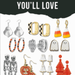 A collection of affordable Halloween-themed earrings, including designs like ghosts, skeletons, candy corn, pumpkins, checkered patterns, and orange tassels, displayed on a white background. Text: "Affordable Halloween Earrings You'll Love.