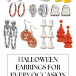 A display of twelve pairs of Halloween-themed earrings, including ghosts, skeletons, candy corn, pumpkins, red tassels, checkered squares, and spiders, above the text "Halloween Earrings For Every Occasion.
