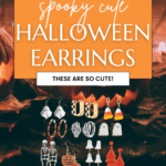 A Halloween-themed graphic with "Spooky Cute Halloween Earrings" text and various festive earring designs—ghosts, skeletons, pumpkins, hands, tassels—displayed on a dark background with glowing lights and jack-o’-lanterns.