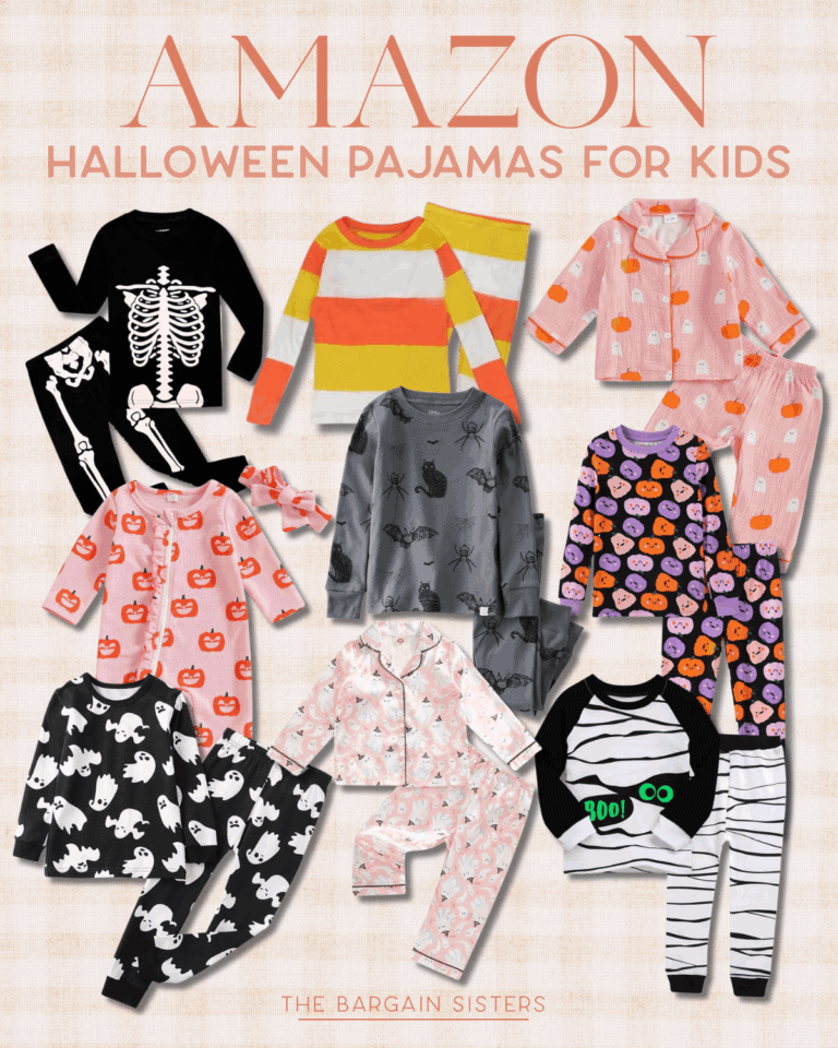 A selection of cozy kids’ Halloween pajamas featuring skeletons, ghosts, bats, pumpkins, and candy corn, displayed on a cream background with text reading "Amazon Halloween Pajamas for Kids.