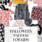 A collage of colorful Halloween-themed kids’ pajamas, featuring designs like skeletons, pumpkins, ghosts, bats, and spiders, with the text “Best Halloween Pajamas for Kids” in the center.