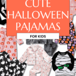 A collage of colorful kids’ Halloween pajamas with various patterns, including pumpkins, skeletons, bats, and ghosts. Text in the center reads: "Cute Halloween Pajamas for Kids.