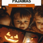 Three young children in pajamas sit together under a blanket, reading a book by the light of a glowing jack-o’-lantern. The image is overlaid with the text “Fun Halloween Pajamas for Kids.”.