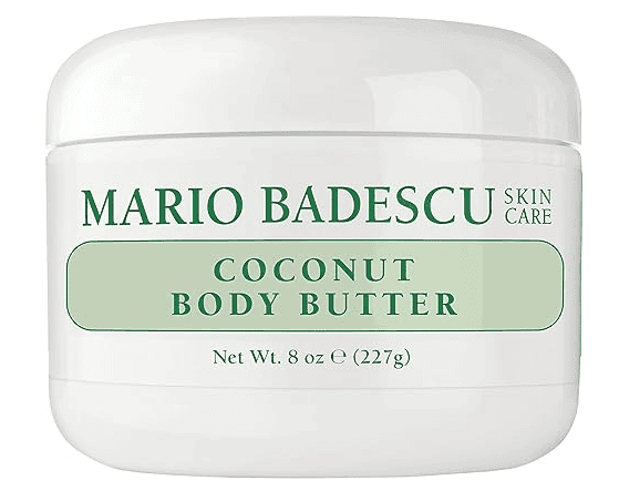 A white jar labeled "Mario Badescu Skin Care Coconut Body Butter, Net Wt. 8 oz (227g)" with green text, this Premium Beauty essential is used for moisturizing skin.
