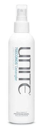 A white spray bottle of UNITE Hair 7SECONDS Detangler Leave-In Conditioner, featuring blue and gray text and a clear cap, containing 8 fl oz (236 ml).