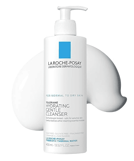 A white pump bottle of La Roche-Posay Toleriane Hydrating Gentle Cleanser stands in front of a swirl of white cleanser. This gentle face cleanser is ideal for normal to dry skin and contains 400ml (13.52 fl oz).