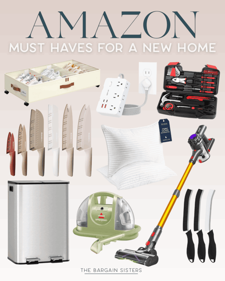 A collage titled “Amazon Must Haves for a New Home” featuring affordable new home must haves like a storage drawer, surge protector, tool kit, knife set, trash can, pillows, handheld vacuum, carpet cleaner, and lint rollers.