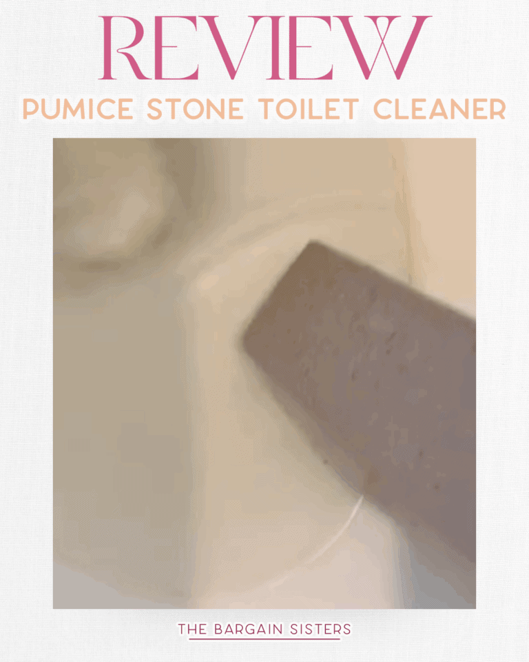 A hand uses a rectangular pumice stone to clean the inside rim of a white toilet bowl, next to an air conditioner cover. Text above reads “Review: Pumice Stone Toilet Cleaner.” Text below reads “The Bargain Sisters.”.