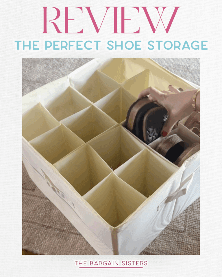 A hand places a pair of sandals into a cream-colored shoe organizer with multiple compartments, set on a textured beige rug. Text above reads, "Review: The Perfect Shoe Storage. The Bargain Sisters—your home organization solution.