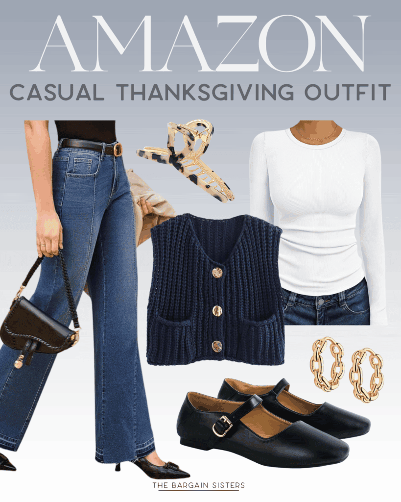 Collage featuring a casual Thanksgiving outfit: high-waisted flared jeans, a fitted white long-sleeve top, navy knit vest, black Mary Jane flats, gold chain earrings, and even an automatic peeler as a quirky accessory for the kitchen lover.