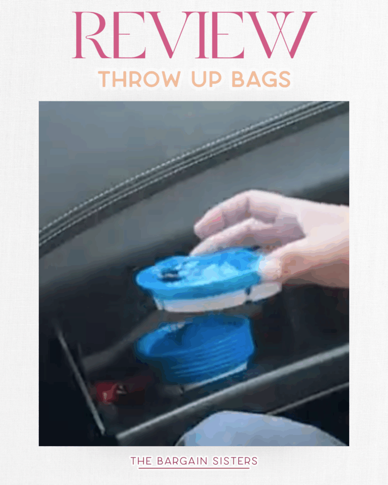 A hand holds one of the handy throw up bags inside a car. Text above reads “REVIEW THROW UP BAGS,” and below reads “THE BARGAIN SISTERS.” Perfect for moms on the go.