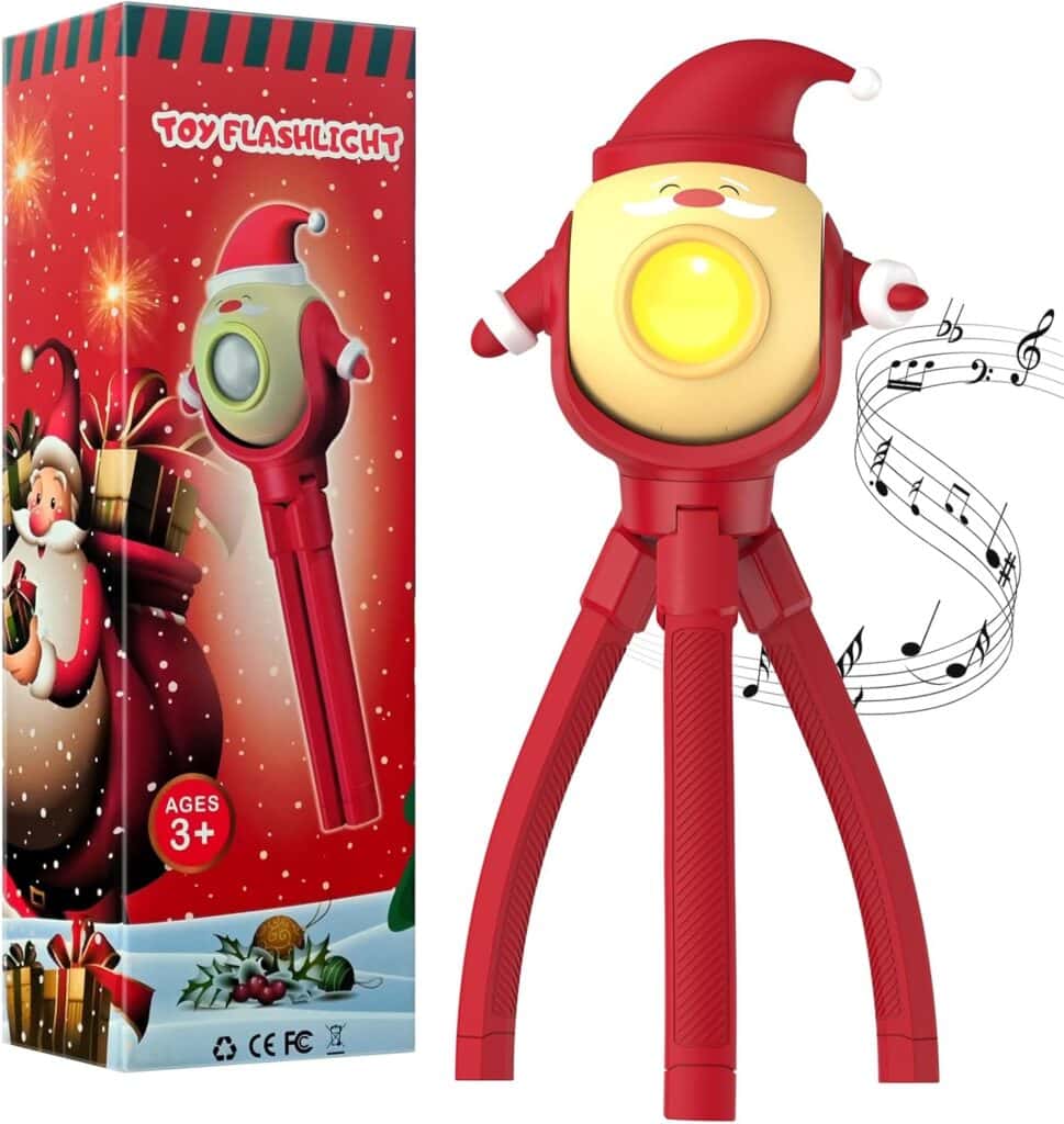 A Santa Claus-themed toy flashlight with a bright light, flexible tripod legs, and musical note illustration—perfect for holiday fun! Comes in festive packaging featuring Santa in a snowy scene. Great Monday Deals available. For ages 3 and up.