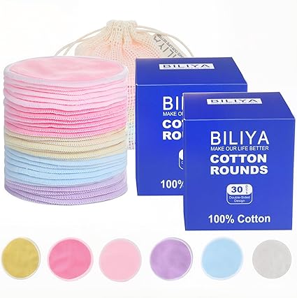 A stack of multicolored reusable cotton rounds sits beside two blue boxes labeled "BILIYA Cotton Rounds 100% Cotton" and a mesh laundry bag, with close-up images of five different colored rounds below.
