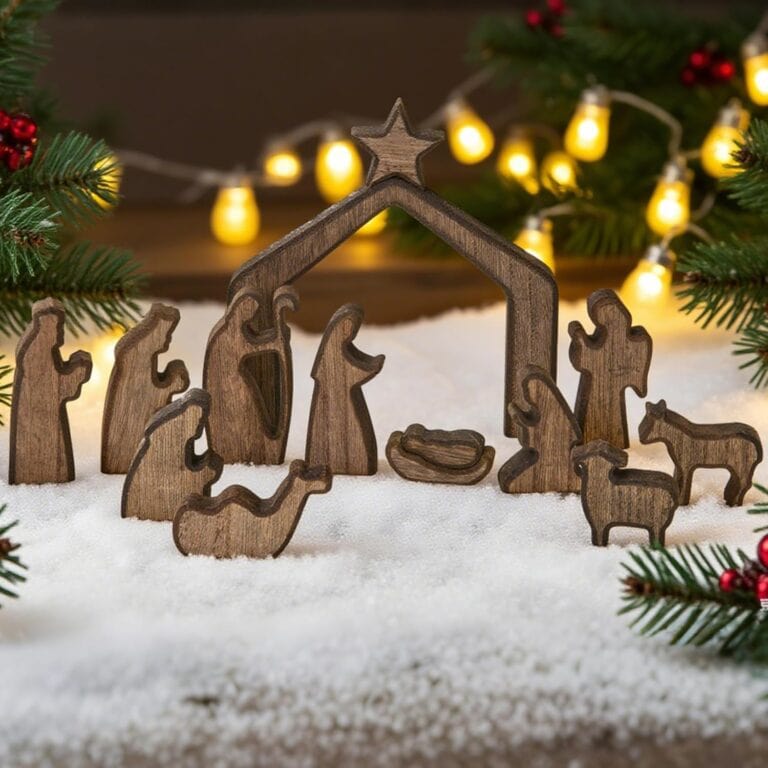 A wooden nativity scene with simple carved figures arranged on artificial snow, surrounded by pine branches and warm string lights in the background—perfect for adding charm to your home, especially during Tuesday Deals.