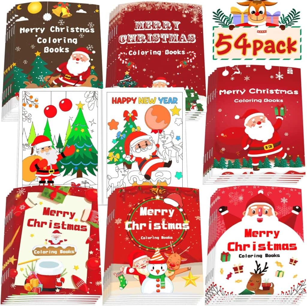 A collage of nine colorful Christmas-themed coloring book covers featuring Santa Claus, snowmen, Christmas trees, and presents. One advertises a "54 Pack." Each cheerful holiday design is perfect for festive fun and great for Wednesday Deals shoppers.