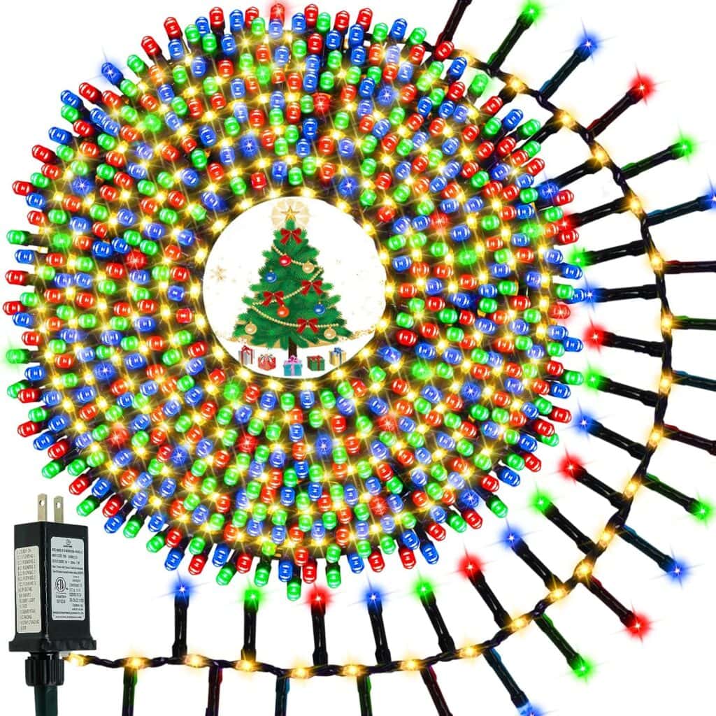 A spiral arrangement of multicolored LED Christmas lights with red, blue, green, and yellow bulbs surrounds a decorated Christmas tree with gifts, plus a plug adapter in the corner—perfect for brightening your space with Monday Deals.
