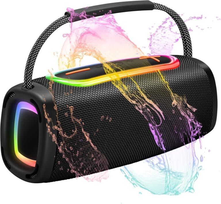 A black portable Bluetooth speaker with colorful LED lights and a handle is splashed with vibrant pink and blue water, highlighting its water-resistant design—perfect for grabbing during Thursday Deals.