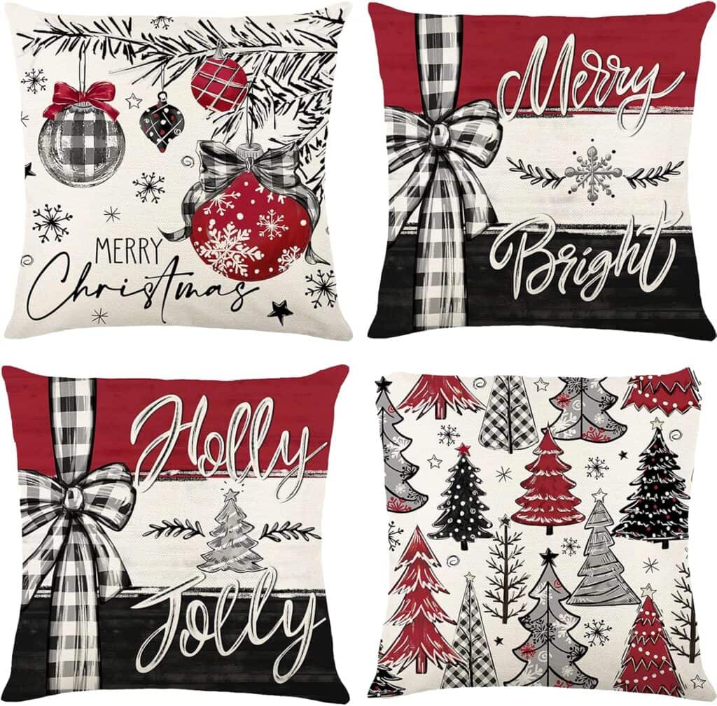 Four decorative Christmas-themed throw pillow covers featuring festive designs: ornaments, bows, Christmas trees, snowflakes, and hand-lettered phrases “Merry Christmas,” “Merry & Bright,” and “Holly Jolly” in red, black, and white.