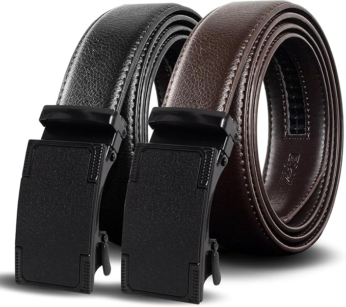 Two Mens Leather Ratchet Belts, one black and one brown, are rolled up side by side. Each features a sleek, modern rectangular black buckle with a minimalist design.