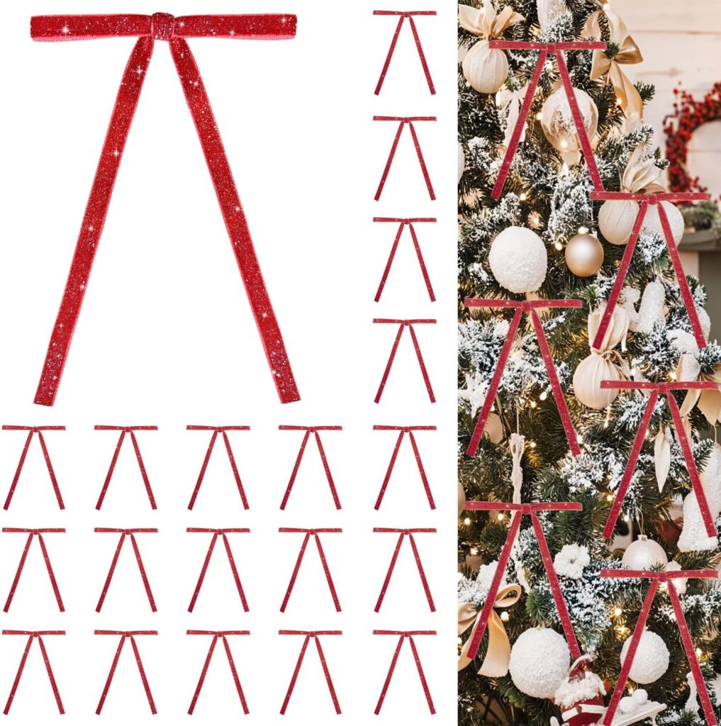 Red glittery bows, lined up on a white background to the left and sparkling on a Christmas tree with ornaments and lights to the right—perfect for your next festive project or Tuesday Deals find.