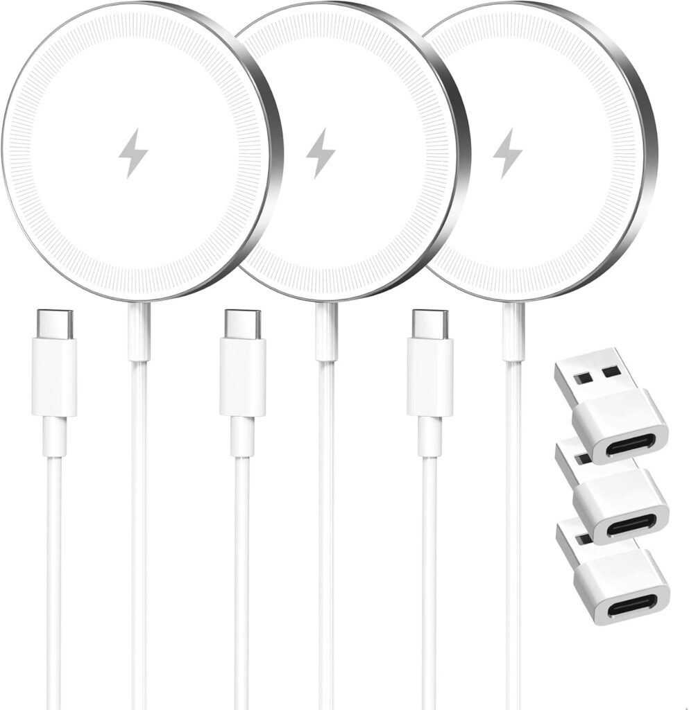 Three white circular wireless charging pads with USB-C cables, each featuring a lightning bolt symbol, accompanied by three USB-C to USB-A adapters—perfect for Monday Deals—are arranged neatly on a white background.