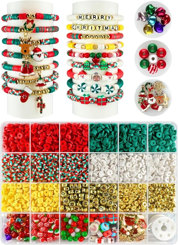 Assorted Christmas-themed bracelet-making supplies, featuring festive beads, charms, and sample bracelets in red, green, white, and gold—perfectly displayed in containers and on stands. Discover these creative finds in our Tuesday Deals!.