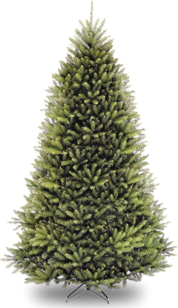 A full, green Christmas tree with dense branches stands upright on a metal tree stand against a white background. This undecorated tree is perfect for your home—discover it now in our Thursday Deals.