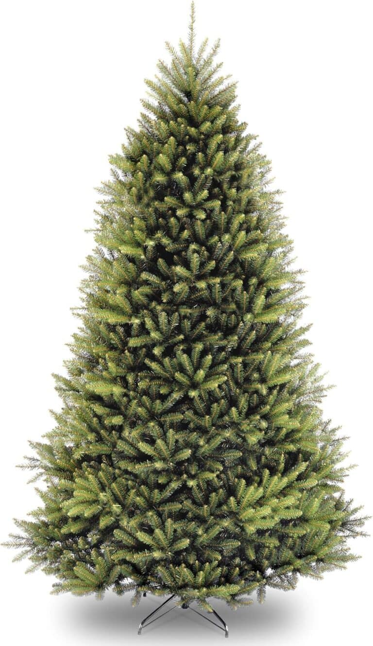 A full, green Christmas tree with dense branches stands upright on a metal tree stand against a white background. This undecorated tree is perfect for your home—discover it now in our Thursday Deals.