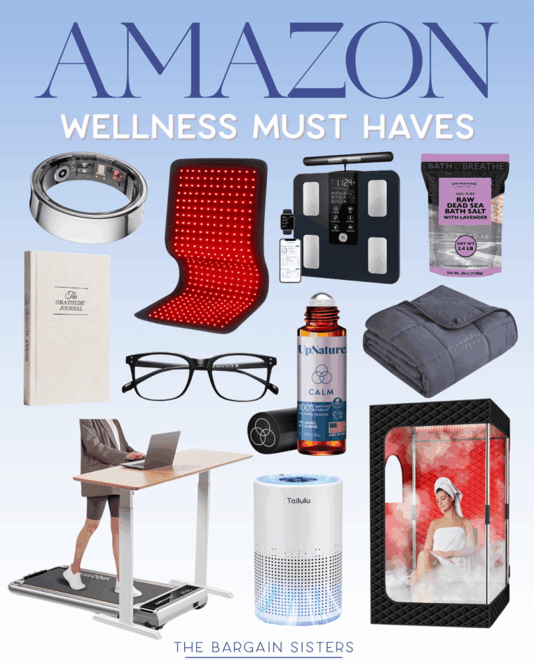 A collage titled “Amazon Wellness Must Haves” showcases essentials for a calm life: smart ring, red light therapy pad, smart scale, bath salts, journal, blue light glasses, magnesium spray, weighted blanket, standing desk, air purifier, and steam sauna.