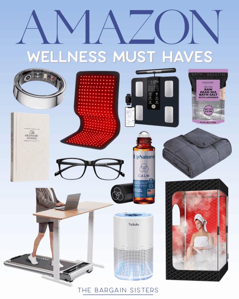 A collage titled “Amazon Wellness Must Haves” showcases essentials for a calm life: smart ring, red light therapy pad, smart scale, bath salts, journal, blue light glasses, magnesium spray, weighted blanket, standing desk, air purifier, and steam sauna.
