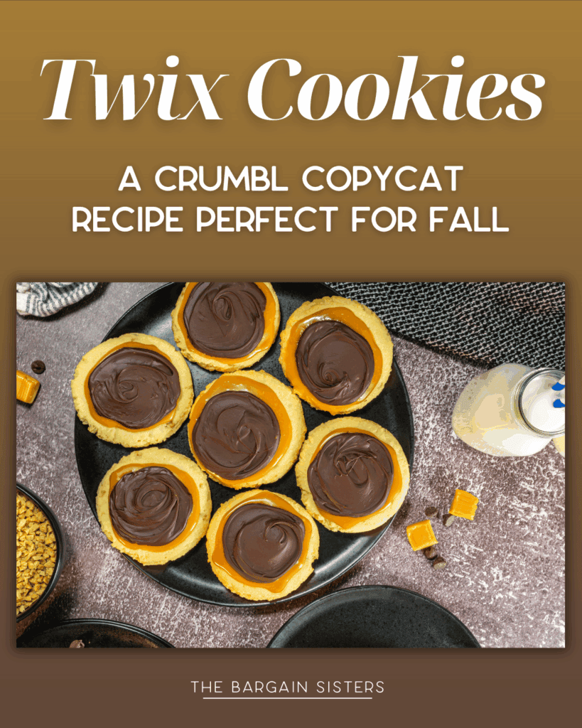 A plate of six Twix cookies topped with chocolate sits on a table with caramel candies, a glass bottle of milk, and a bowl of chocolate sprinkles. Text above reads: “Twix Cookies: The Ultimate Crumbl Copycat Recipe Perfect for Fall.”.