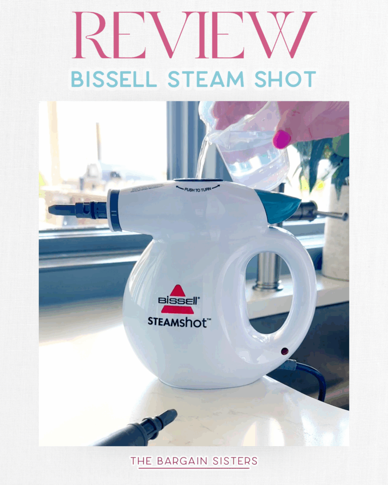 A hand pours water into a white BISSELL SteamShot handheld steam cleaner on a countertop. The image features the text “Review BISSELL Steam Shot” and “The Bargain Sisters,” highlighting the powerful cleaning of the Bissell Steam Shot.