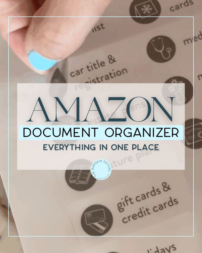 A hand with light blue nail polish holds a clear sheet of labeled stickers for organizing documents, resting beside a sleek 3 tier cooling rack. The text overlay reads, "Amazon Document Organizer: Everything in one place.