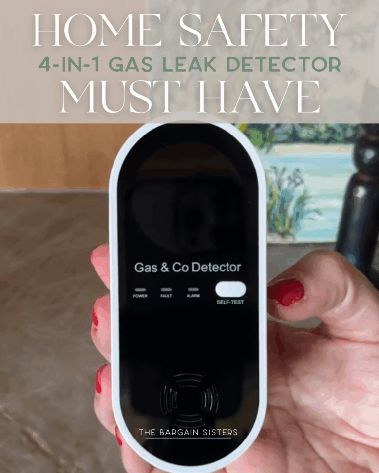 A hand holds a black and white gas and carbon monoxide detector. Text above reads “Home Safety 4-in-1 Gas Leak Detector Must Have.” Just like a 3 tier cooling rack organizes treats, this device organizes your home’s essential safety checks with ease.