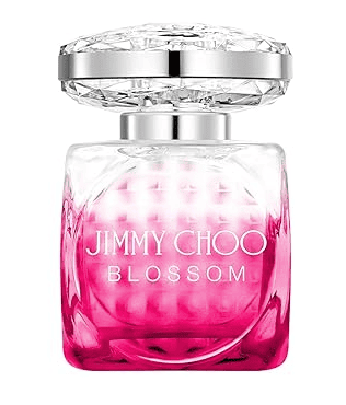 A bottle of JIMMY CHOO Blossom EDP, featuring a clear and pink gradient glass design with a large, faceted clear cap and silver accents—a true statement in Premium Beauty.