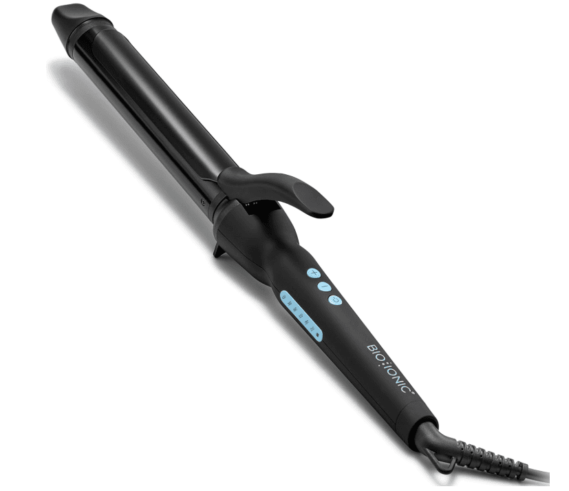A black curling iron with a clamp, digital display, and blue control buttons, shown on a white background. The power cord is visible, attached at the handle end.