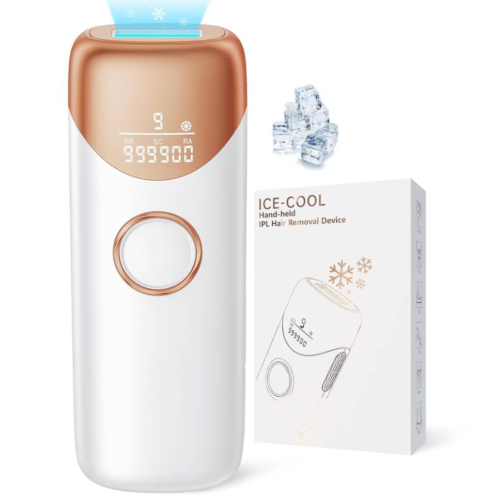 A white and gold handheld IPL hair removal device with a digital display, shown next to its packaging box labeled "ICE-COOL" and an illustration of the device. A cluster of ice cubes is also visible.