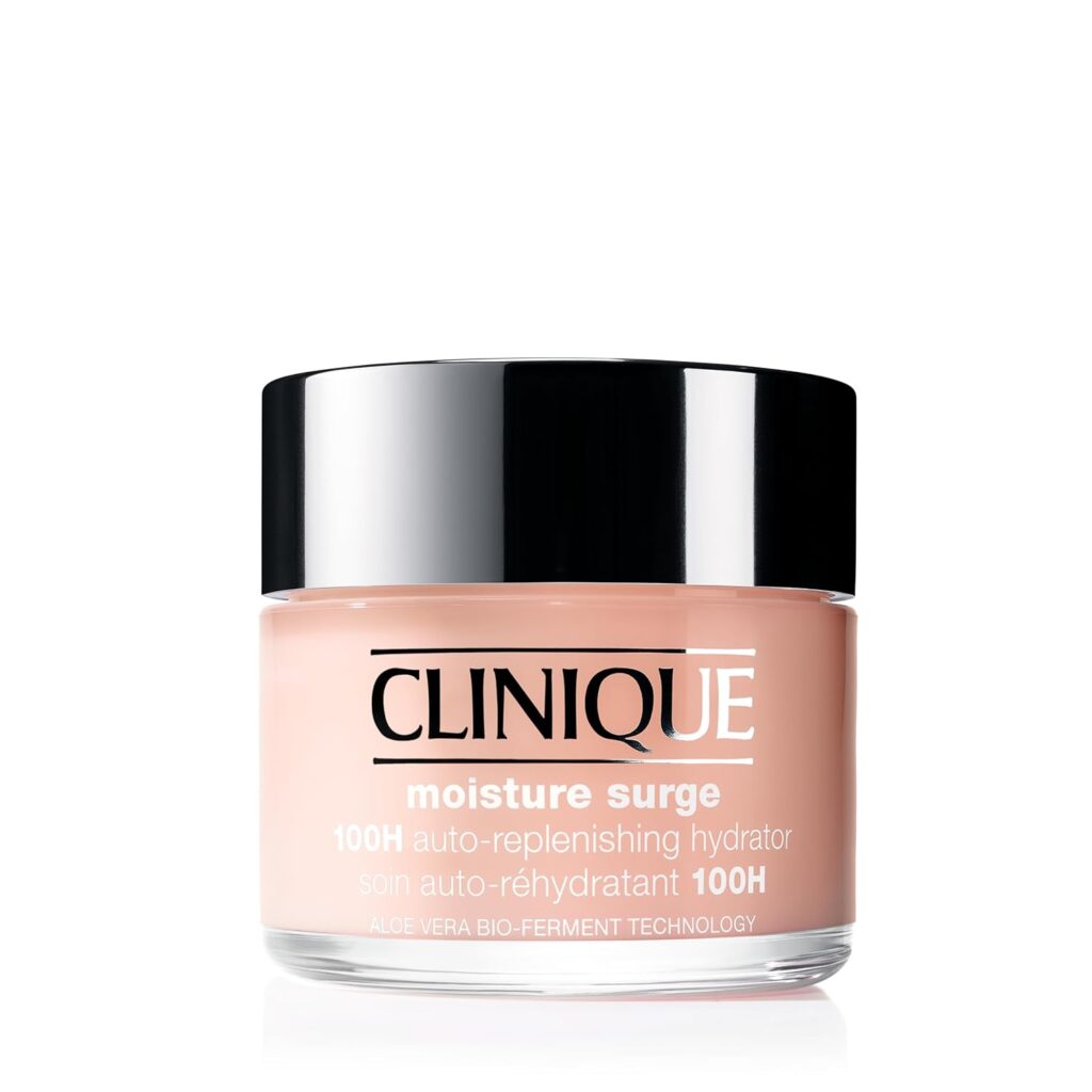 A jar of Clinique Moisture Surge 100H auto-replenishing hydrator, part of the Premium Beauty line, with aloe vera bio-ferment technology and pink gel-cream inside a clear jar with a black lid and white labeling.