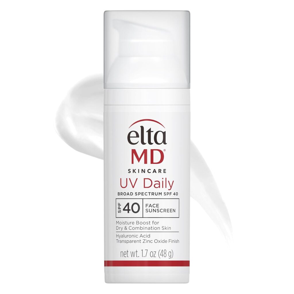 A white bottle of EltaMD Skincare UV Daily Broad Spectrum SPF 40 Face Sunscreen with a pump dispenser, shown against a white background with a swipe of the product behind it.