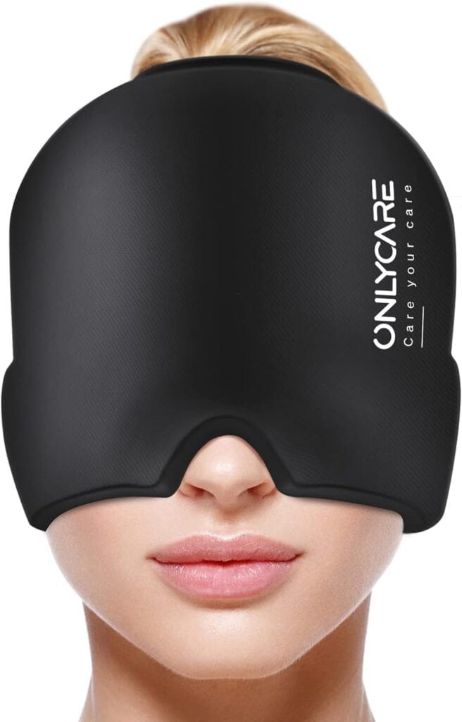 A person wears a black eye mask with the brand name "ONLYCARE" and the slogan "Care your care" printed on the side, covering their eyes and upper face.