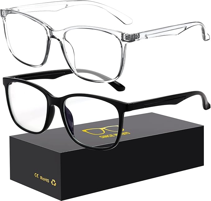 Two pairs of eyeglasses, one with clear frames and one with black frames, are displayed above a black rectangular case with yellow text and symbols on it.