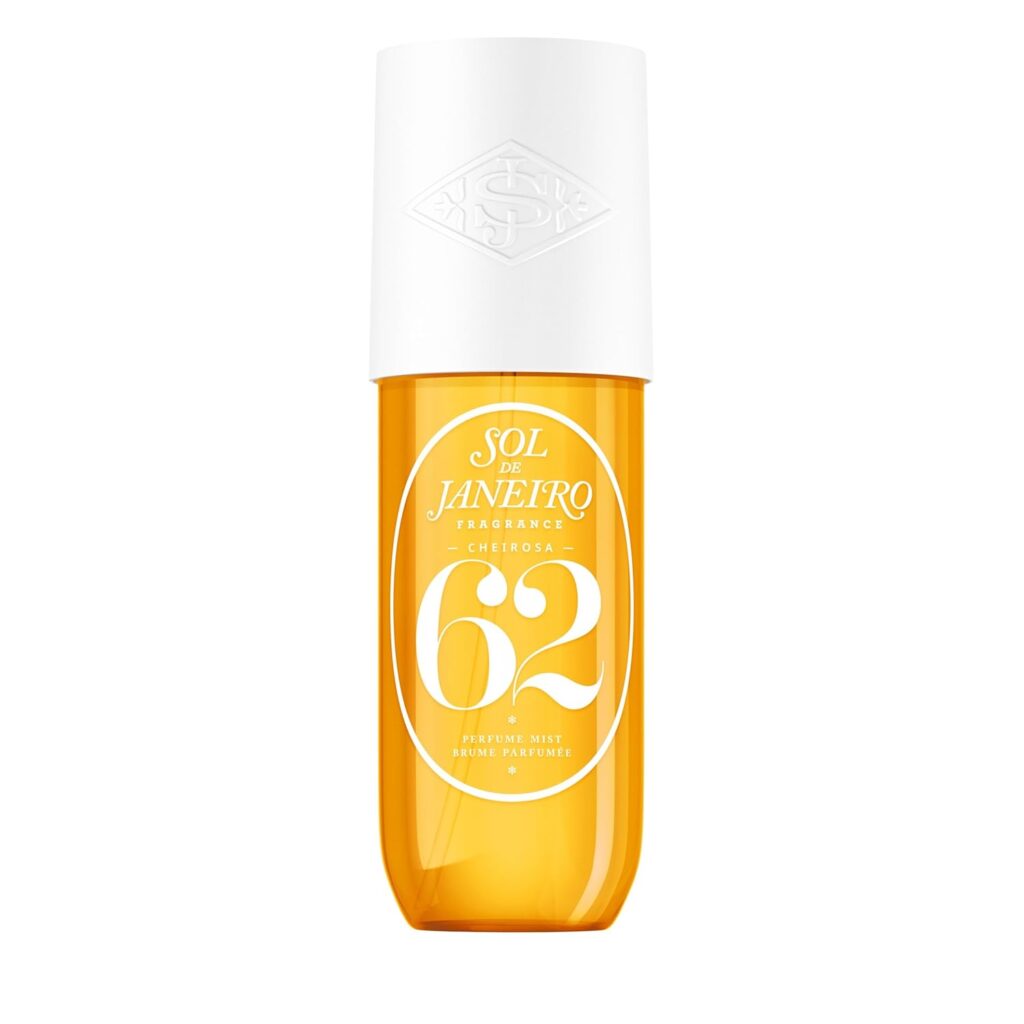 A yellow bottle of SOL DE JANEIRO Cheirosa '62 Body Perfume mist with a white cap and white label displaying the brand name and number 62, perfect for use as a refreshing hair perfume.