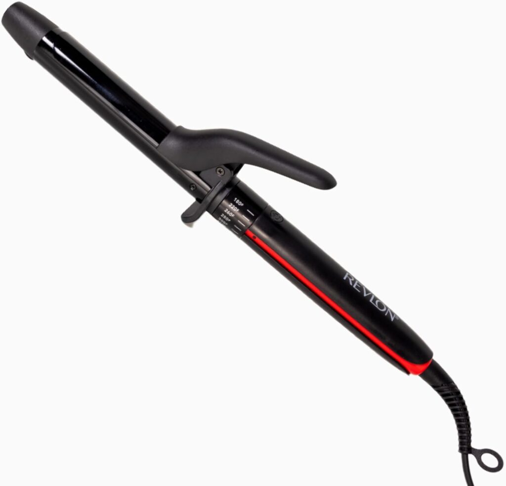 A black and red Revlon curling iron with a clamp, temperature settings, and a swivel cord, shown on a white background.