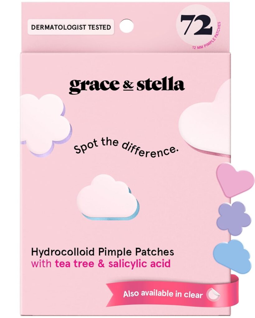 A pink box of grace & stella Hydrocolloid Pimple Patches with tea tree and salicylic acid. The packaging features cloud shapes and states "Spot the difference" and "Also available in clear", with 72 patches included.