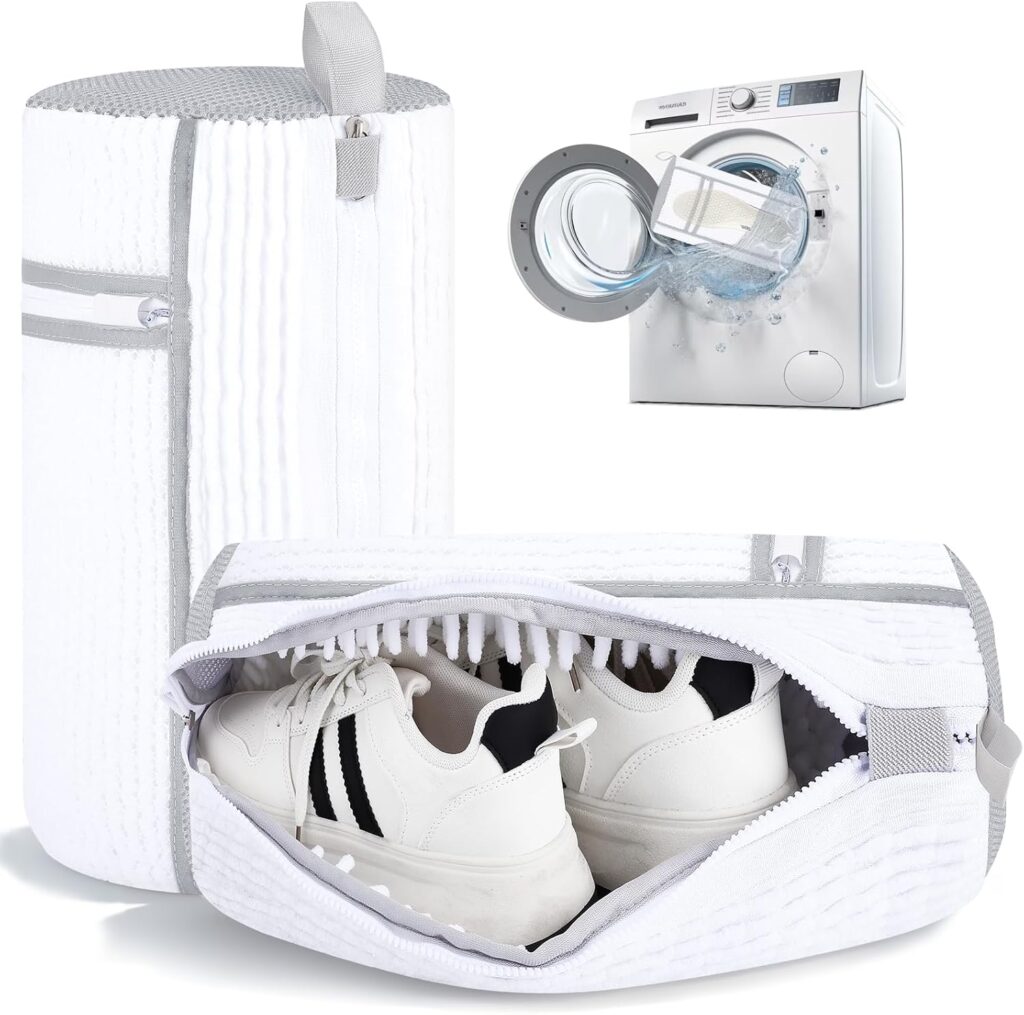 A white Shoe Washing Machine Bag holds a pair of sneakers beside a washing machine with water splashing, illustrating how the bag protects shoes during washing.