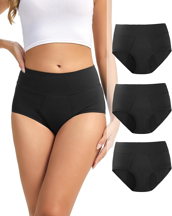 A woman wearing high-waisted black underwear and a white crop top stands next to three pairs of identical black high-waisted underwear displayed on the right side of the image.